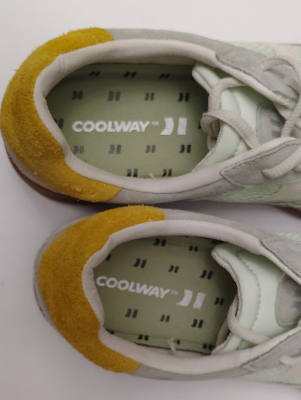 Coolway Light Green and White Suede & Mesh Sneakers with Yellow Heel Accent